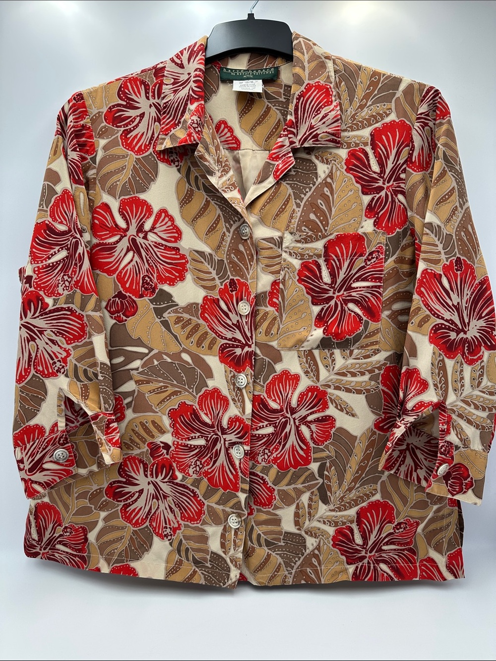 Vintage Harve Bernard 100% Silk Tropical Hibiscus Button Up Blouse Top -Size 14P